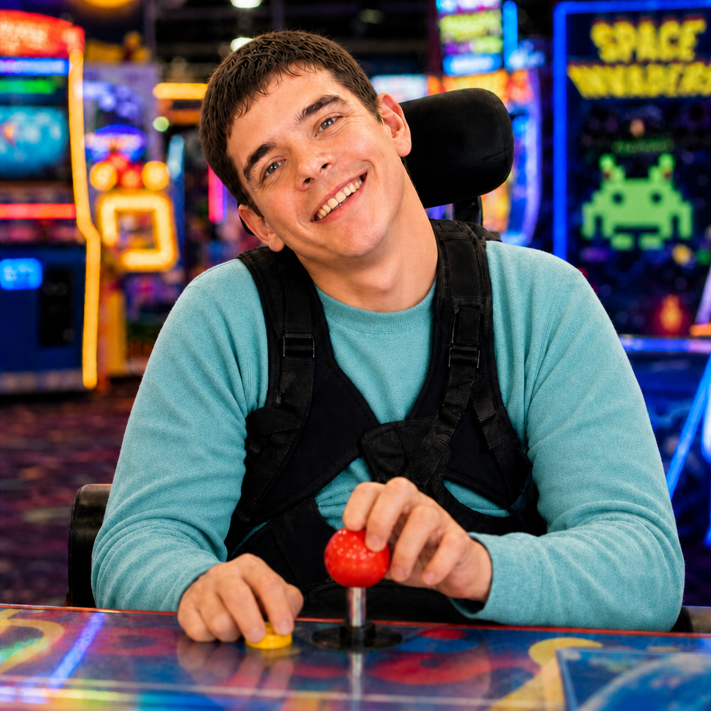 Nico smiling broadly while playing an arcade game